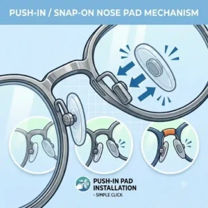 Graphic demonstrating how push-in nose pads for glasses snap securely into their mount.
