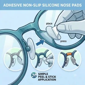 Illustration showing how to apply adhesive nose pads for glasses to a plastic frame.