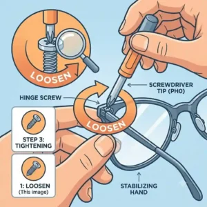 A person using a small tool from an eyeglass screwdriver kit to tighten a loose hinge screw on sunglasses.