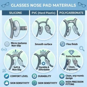 Material comparison infographic for different types of nose pads for glasses, highlighting silicone and PVC.