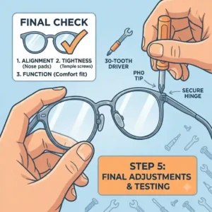 Using a mini precision screwdriver from an eyeglass screwdriver kit to replace a silicone nose pad on wireframe glasses.