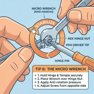 A magnetic tip of an eyeglass screwdriver kit tool securely holding a tiny repair screw to prevent it from dropping.