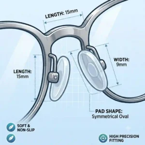 Technical chart displaying the various shapes and sizes of common types of nose pads for glasses.