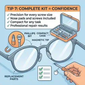 A durable, organized plastic storage box keeping an eyeglass screwdriver kit and repair accessories neatly in place.