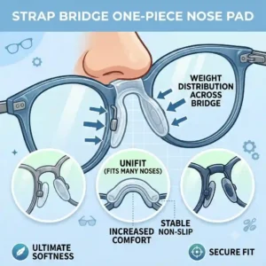 Illustration of a strap bridge one-piece design among different types of nose pads for glasses.